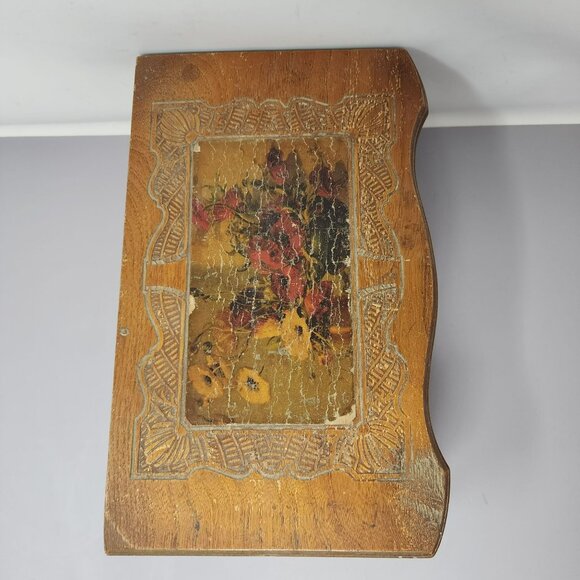 Vintage Wooden Dovetail Jewelry Box With Mirror & Floral Design - Picture 6 of 12